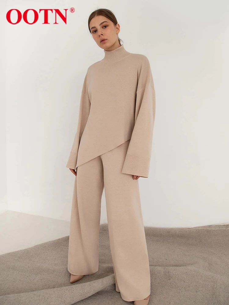 OOTN Elegant Brown Pant Sets Turtleneck Irregular Sweater Outfits 2 Piece High Waist Wide Leg Pant Suit Women 2024 Autumn Winter