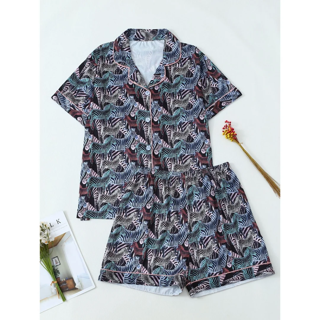 

Cute Women's Pajamas Stripes Zebra Print Lapel Short Sleeves Shorts Pants Home Wear Set Sleepwear Valentine's Day Easter Gifts