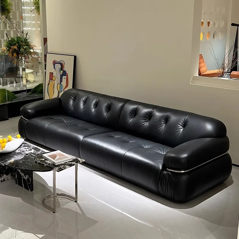French steel tooth sofa retro living room first layer cowhide brown sugar steel ring straight row three medieval cream wind