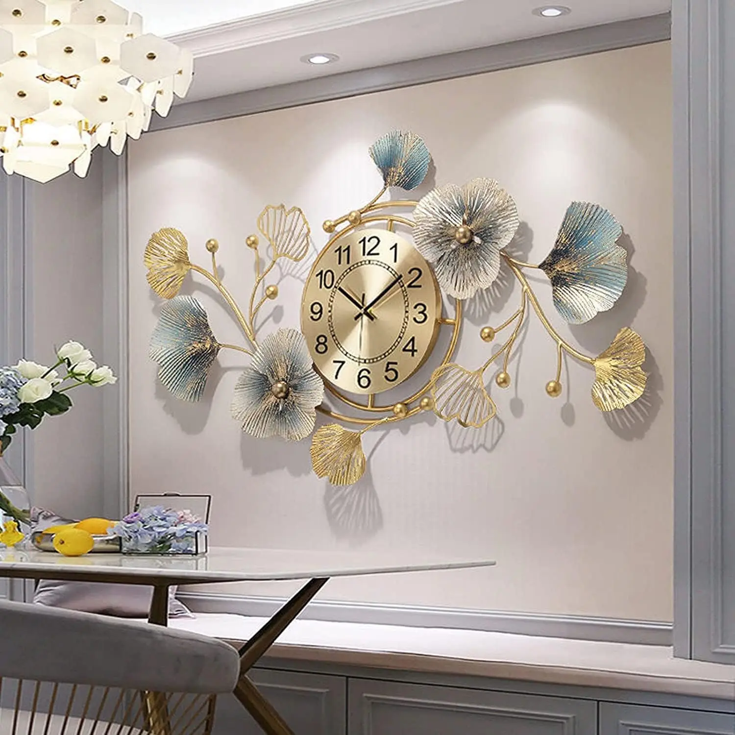 Large Wall Clock Creative Metal Ginkgo Leaf Design Wall Clock Silent Non Ticking Decoration Wall Clocks for Living Room Bedroom