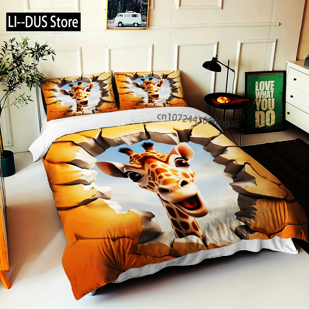 

3D Giraffe Print Duvet Cover Set With Pillowcase Animal ThemeAll-Season Bedding Polyester Fabric Machine Washable Digital Print