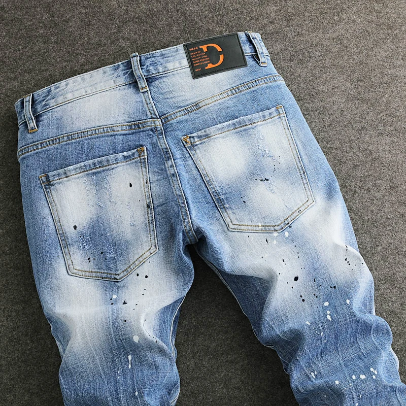High Street Designer Fashion Men Jeans Retro Light Blue Stretch Slim Fit Painted Ripped Jeans Men Hip Hop Vintage Denim Pants