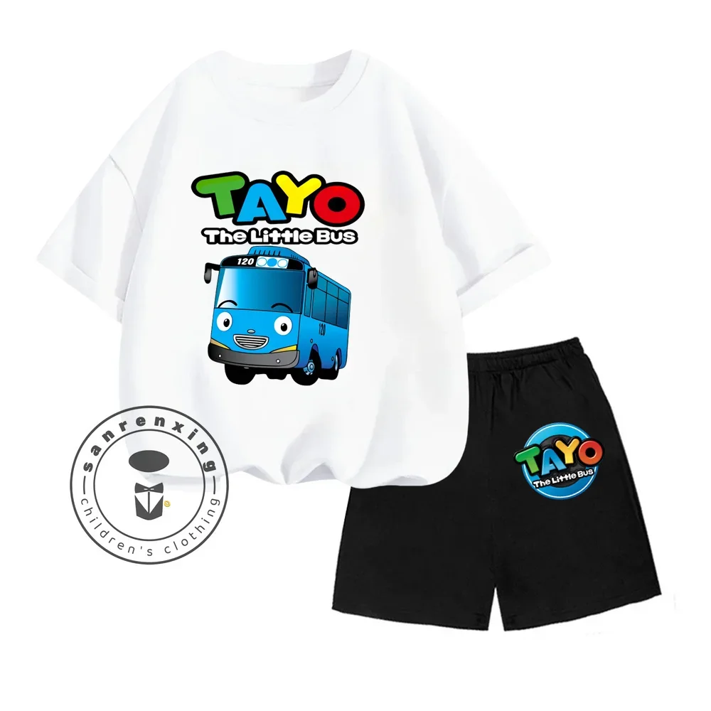 2024 New Graffiti Art Series Full Color Tayo the Litte Bus Pattern Print Design Boys and Girls Short Sleeve Shorts Two-piece Set