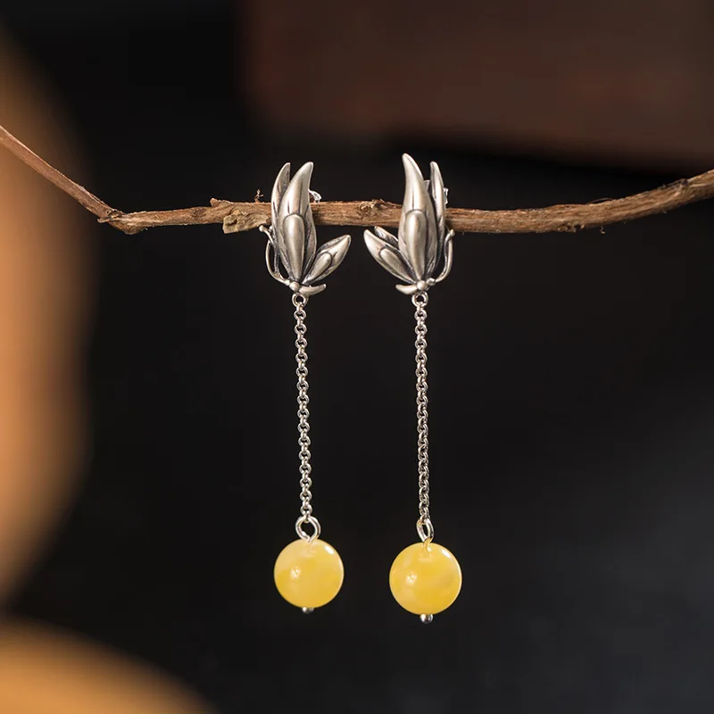 

Серьги-гвоздики в стиле тайского серебра в стиле ретро, длинные серьги с круглыми бусинами из желтого пчелиного воска и насекомых, изысканные серебряные украшения S925