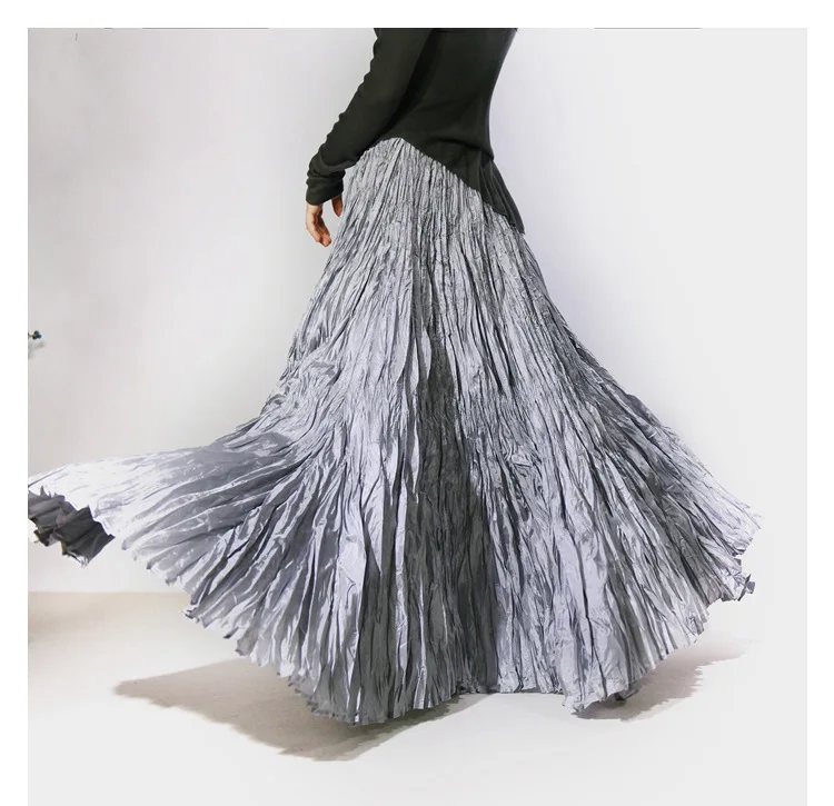 High Quality Women Spring Long Skirts Wide Hem Pleated Design High Waist A-Line Dance Maxi Skirts Faldas Femme Streetwear