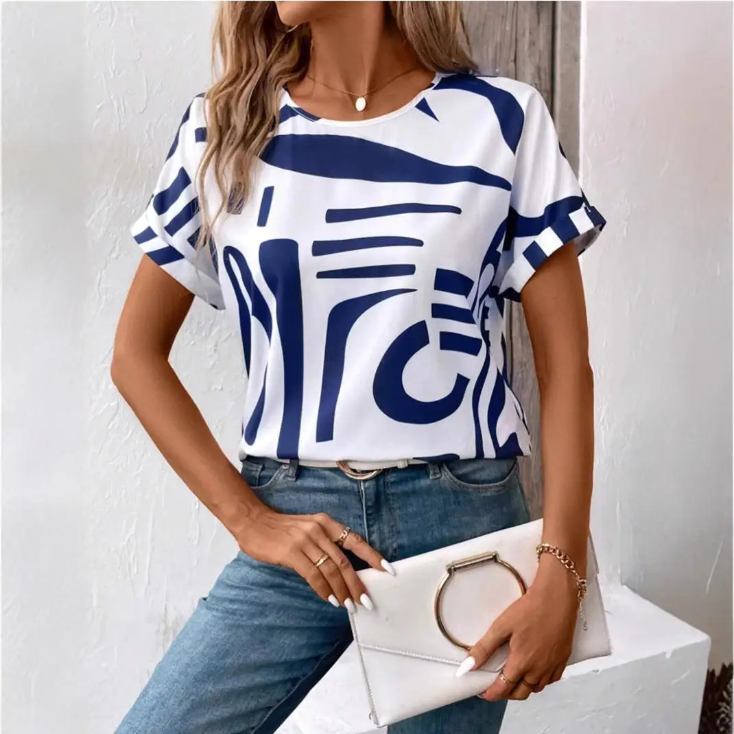 Mujer Estampado geométrico irt Ele Sle Loose Fit Poliéster ort Sve Casual Top Faionable Ropa de verano