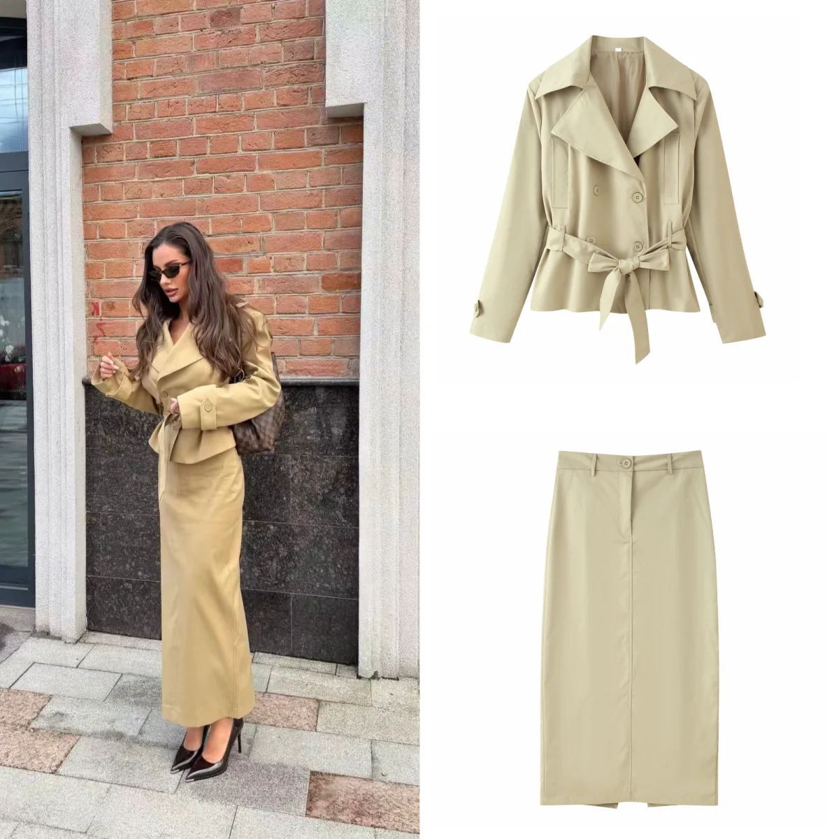 Early Autumn New Arrival Women's Fashion Set High Waist Split Skirt Coat with Tie Collar Long Sleeve Mid-Length Coat