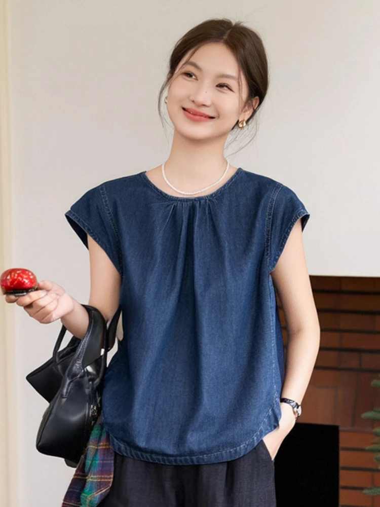

Summer Denim Short Sleeve round Neck Shirt Women's plus Size Doll Top Slimming Belly Covering Small Flying Sleeve Babydoll Shirt