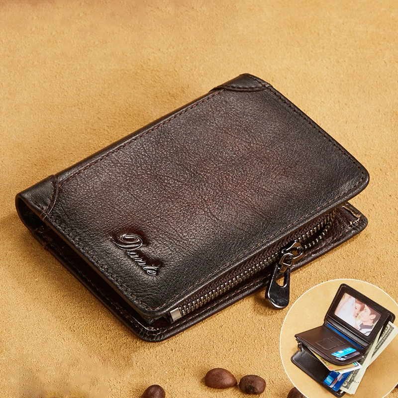 

100% Genuine Leather Rfid Zipper Wallets for Men Vintage Thin Short Multi Function ID Credit Card Holder Money Fashion Coin Bag