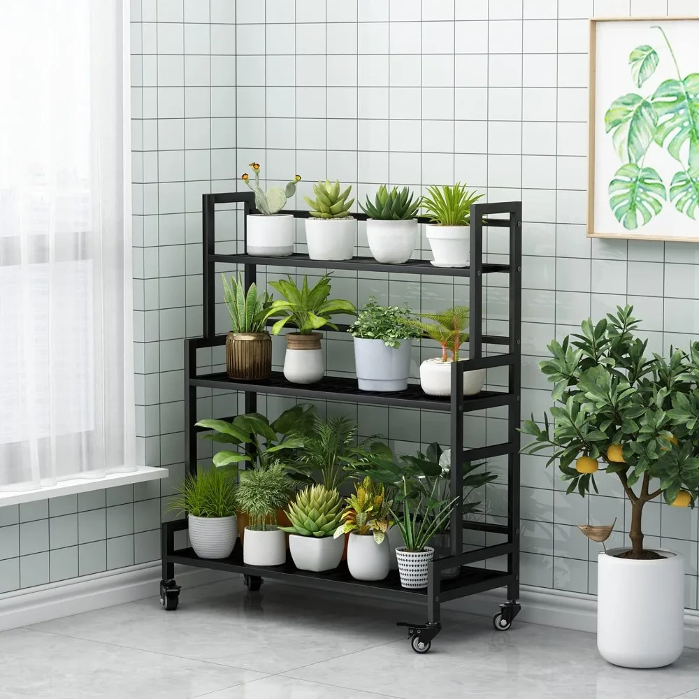 YIZAJIA Plant Stand Indoor 3 Tier Metal Outdoor Tiered Stands Shelf with Wheel for Multiple Plants Potted Ladder Plant Holder