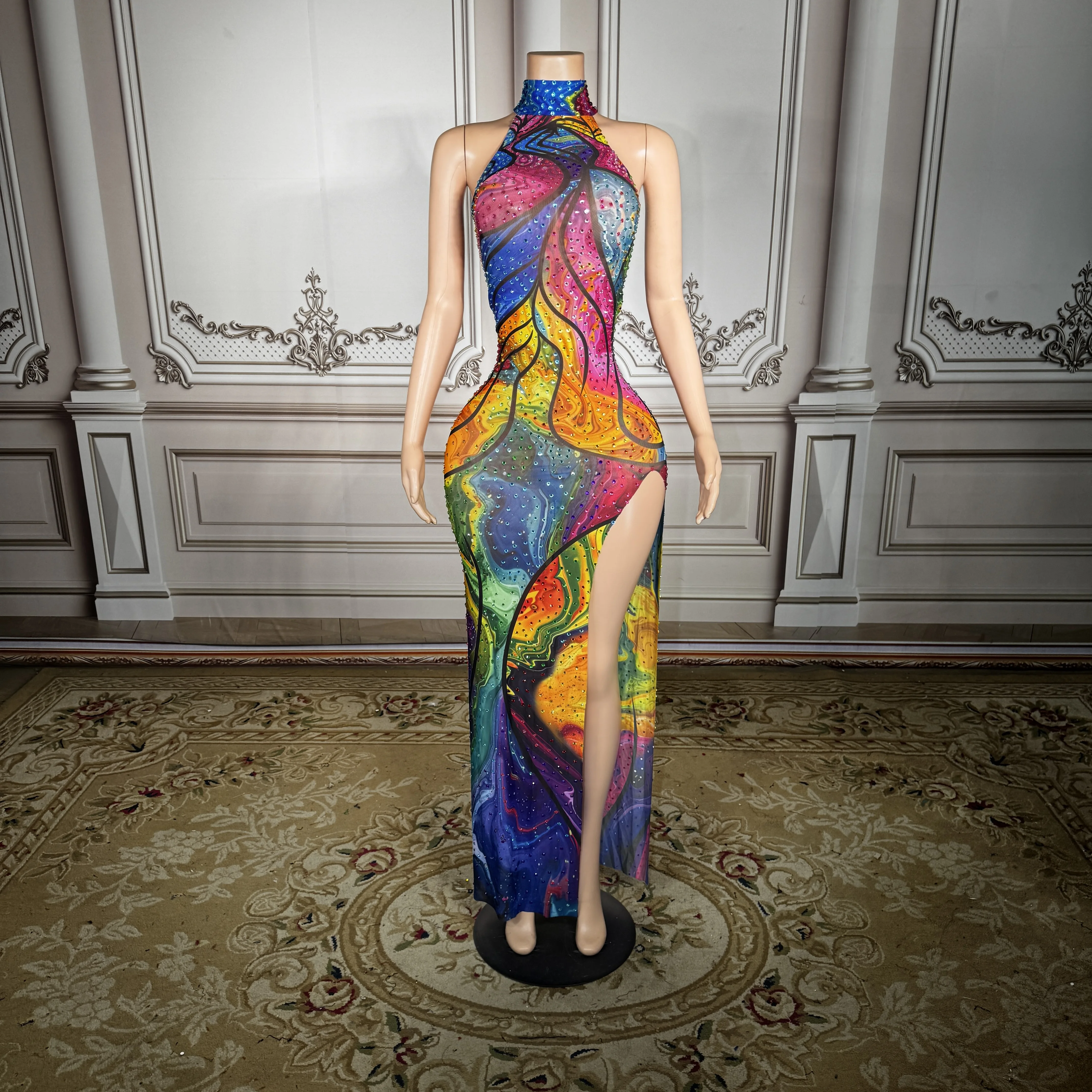 

Платье макси ZD с принтом «Радужный мрамор», с завязками на шее, женское, сексуальное, с высоким разрезом, облегающее, для вечеринок, элегантное летнее клубное платье