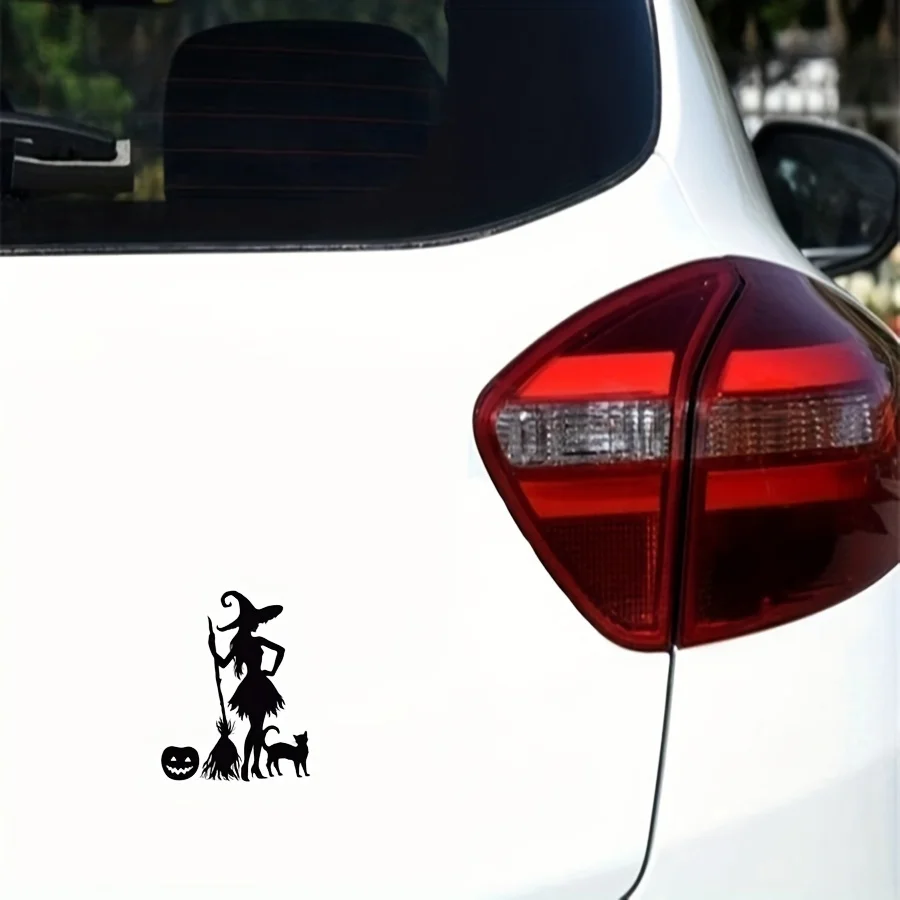 Halloween Witch and Cat Vinyl Decal - Weatherproof Self-Adhesive Sticker for Vehicles, Electronics & Smooth Surfaces
