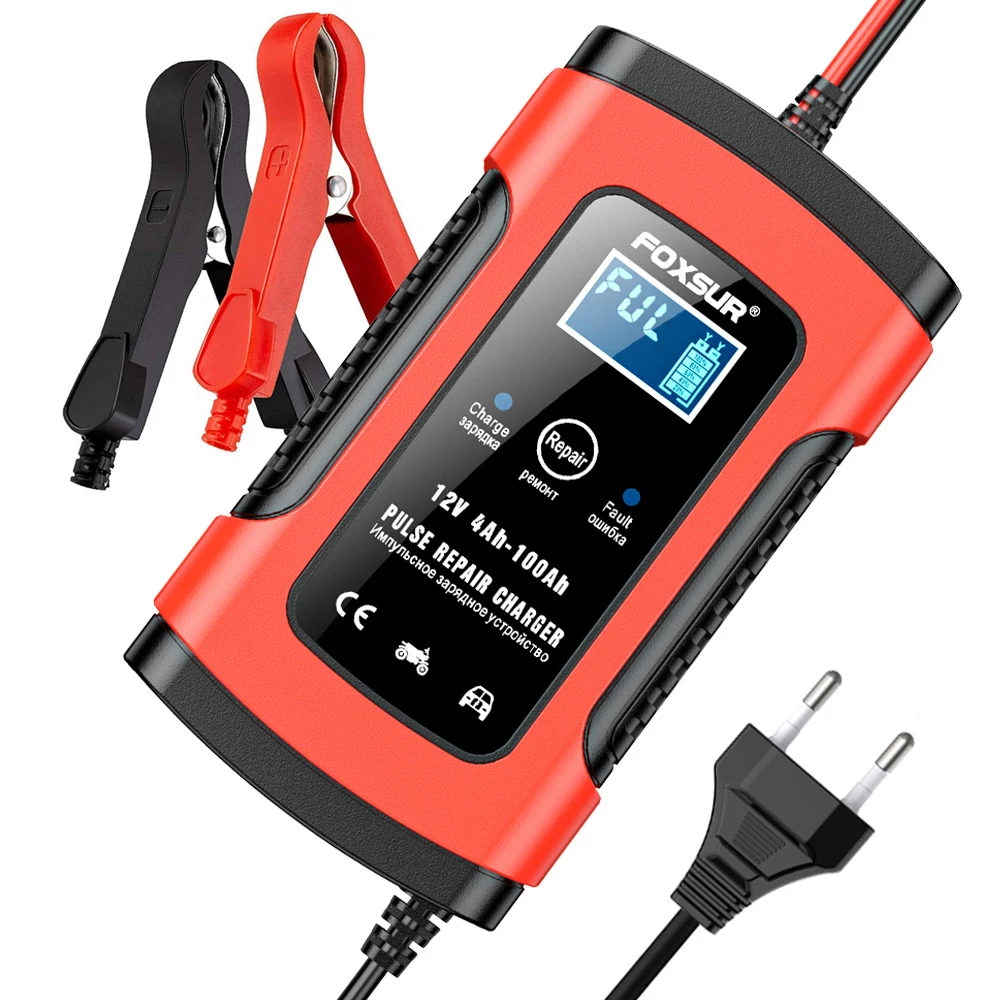 FOXSUR 5A Car Motorcycle UPS Battery Charger 12V Volt Display Status Repair Fully Intelligent Multi-Repair LCD Battery Charger