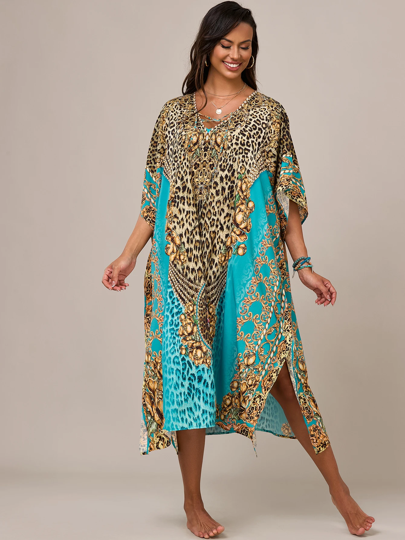 Damen-Kaftan-Kleider, farbenfroher Aufdruck, Mrs Roper-Kaftan, Badeanzug-Überzüge, Strandkleider