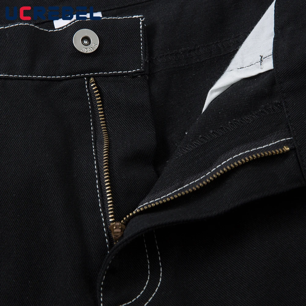 เปลวไฟ Patch เย็บปักถักร้อยกางเกงยีนส์ Mens Top Stitch Retro High Street กระเป๋าหลวมขากว้าง Dark กางเกงยีนส์ผู้ชาย