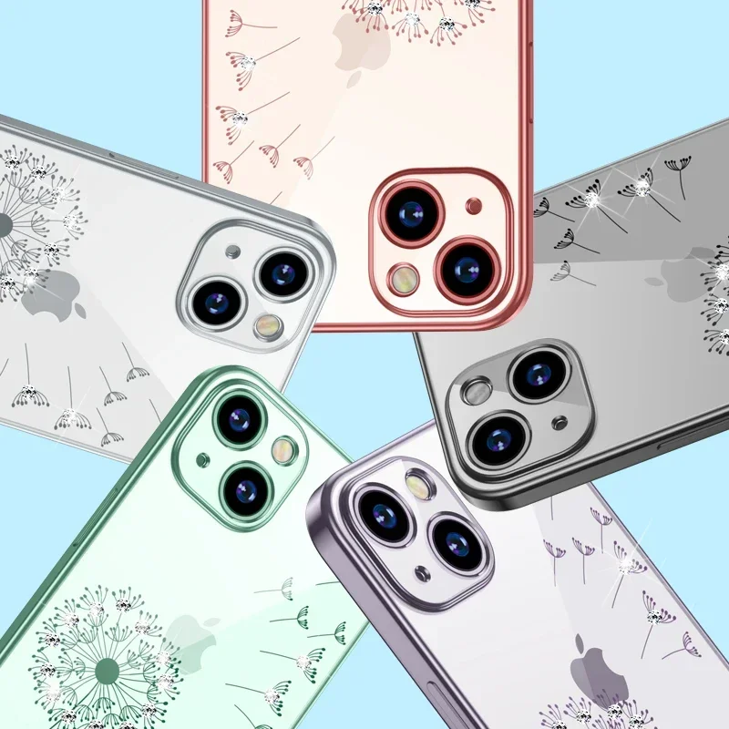 Luxury Dandelion Rhinestone Plating Soft Case for iPhone 12 13 11 14 Pro Max Plus Mini X Xs Xr Transparent Cover for Woman Girl image 5