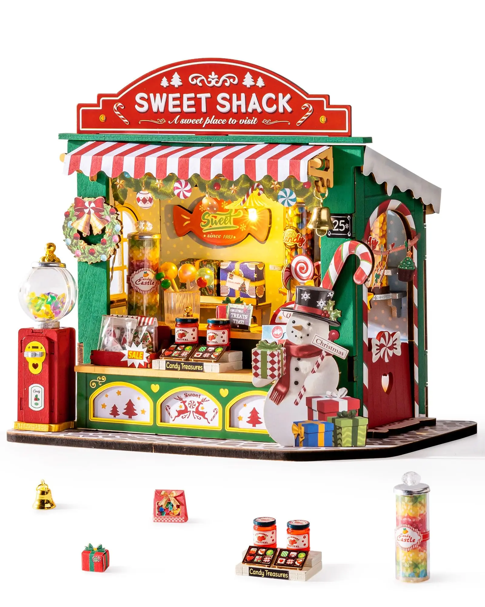 

Robotime Christmas Candy Stand DIY Miniature Kit LED Light Up Wooden Model with Snowman Christmas Decor Gift for Adults Teens