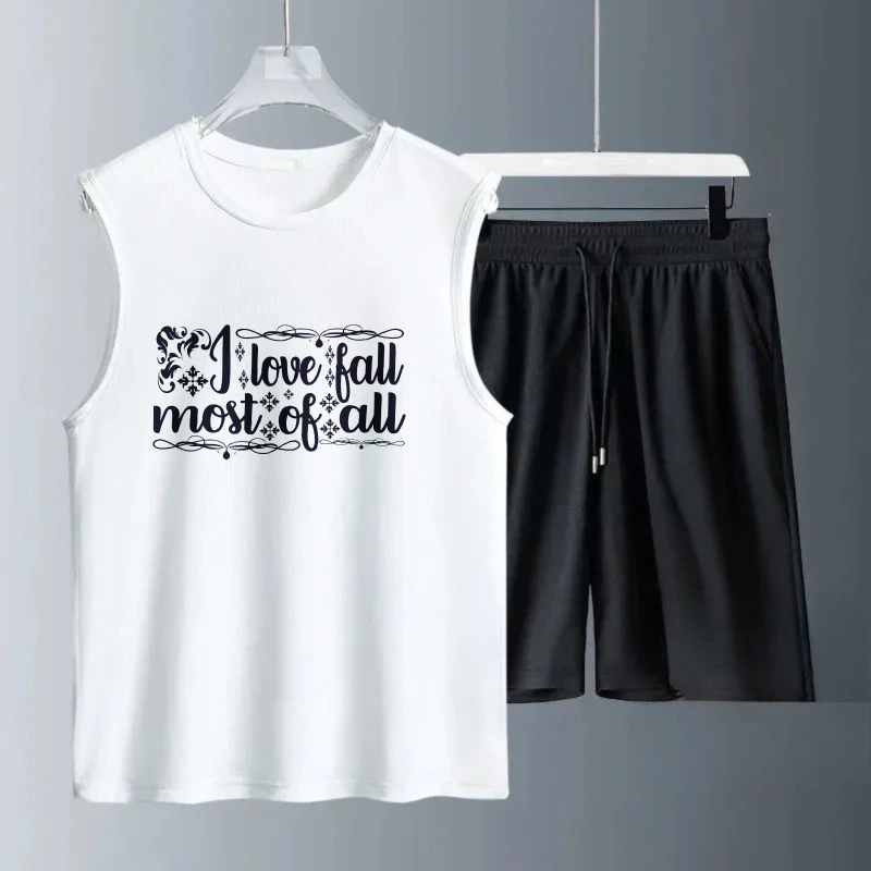 

Мужской костюм-жилет Летний без рукавов с принтом Love Fall майки + шорты мужская летняя одежда мужской спортивный костюм Быстросохнущий
