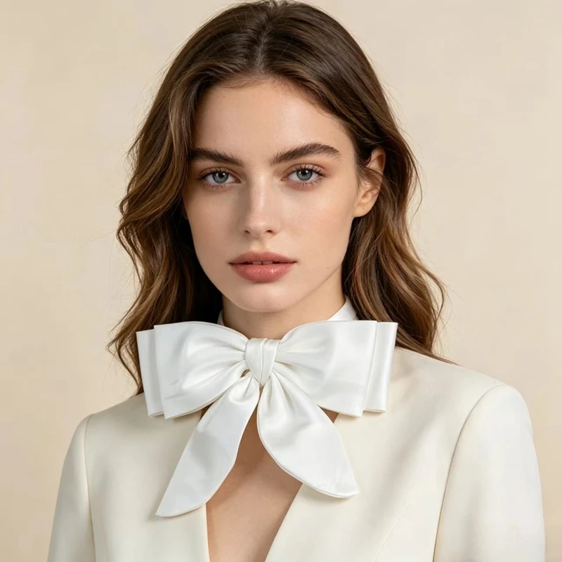 

Elegant White Satin Bow Tie Detachable Fake Collar Shirt Dress Decoration Neck Accessory Wedding Party Fashion Styling
