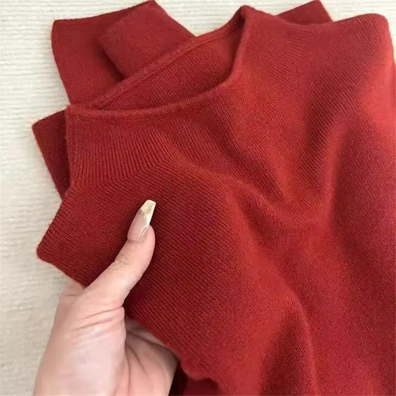 Red Knitted Long Sve f High Collar Women's Fitted Base irt Trendy Inner Wear Top Commute Sle Pure Color Polyester S...