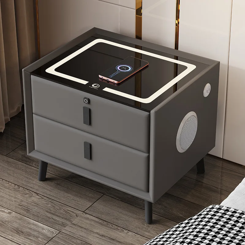 【Hot】Nordic Style Smart Bedside Table with 2 Drawers 50cm Leather Nightstands with Wireless Charging Home Side Cabinet with USB
