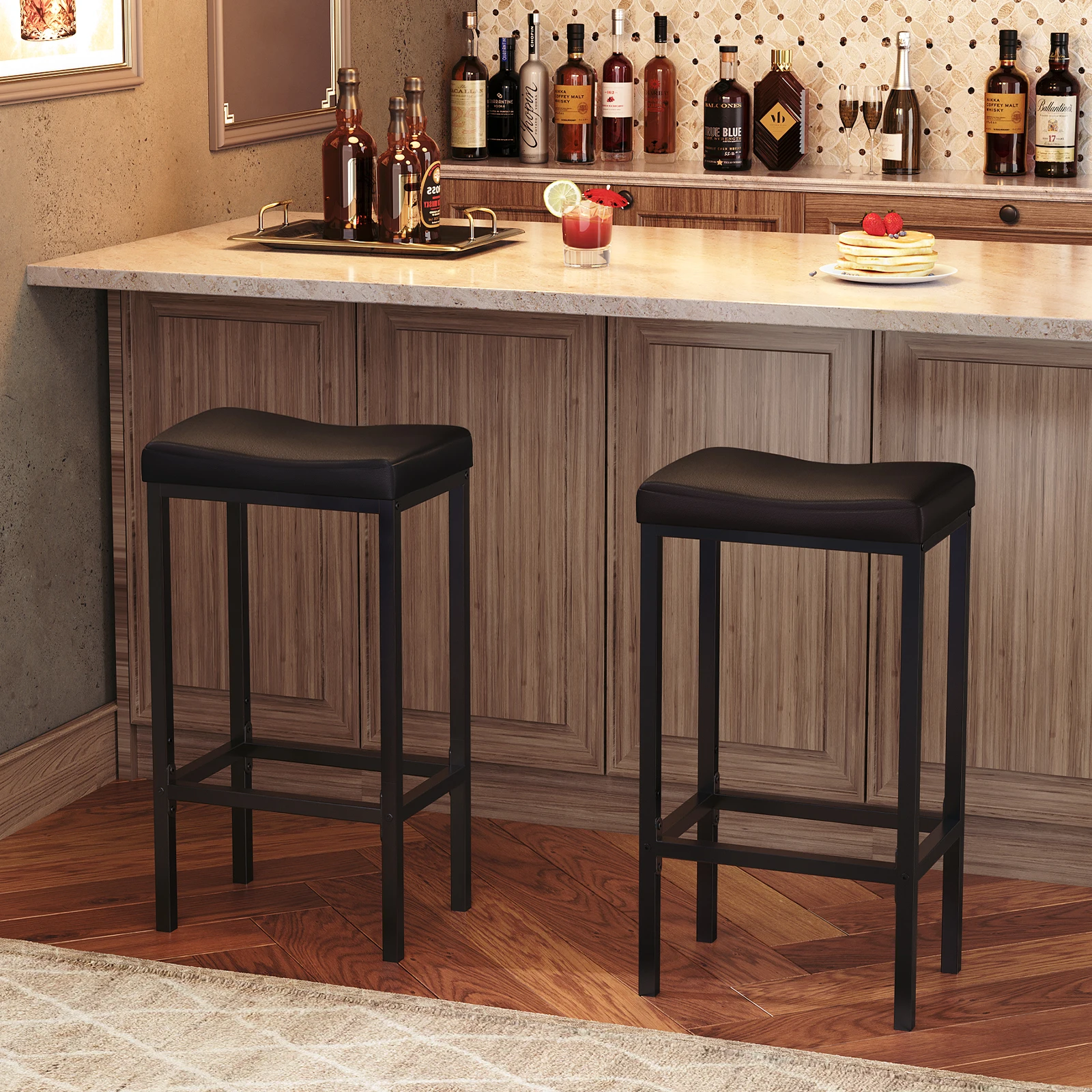 Bar Stools, Set of 2 Bar Chairs, Counter Height Stools, Saddle Stools with Curved Surface Dining Chairs 2.4