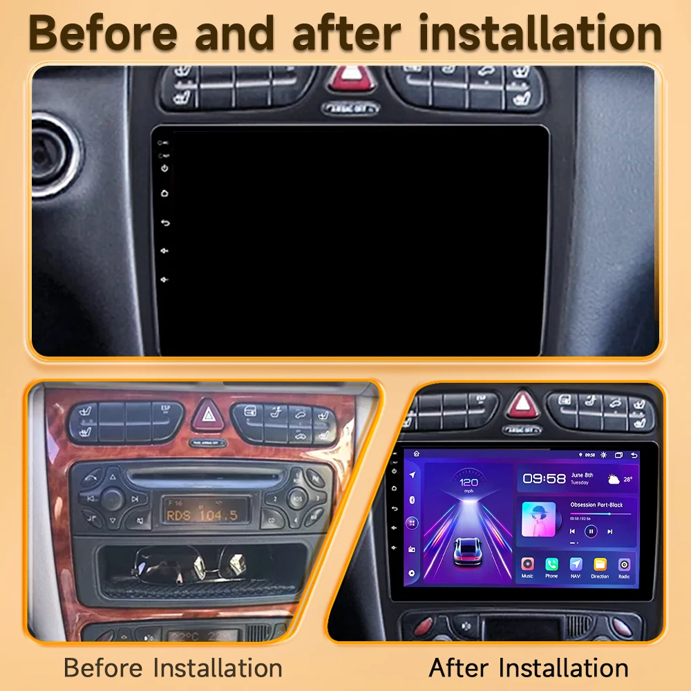 Android 16 Auto Car Radio for Mercedes Benz C Class W203 C200 C320 C350 CLK W209 2000-2005 CarPlay Intelligent Multimedia WiFi