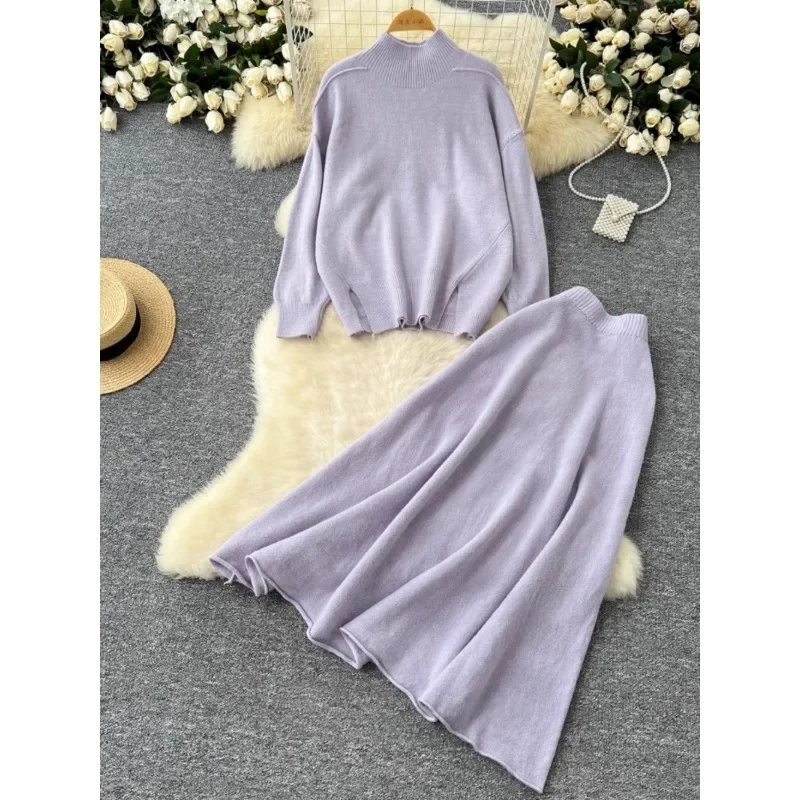 Lazy Style Knitted Warm Sweater Two-piece Set Women Wear Autumn and Winter Pullover Loose Long-sleeved Sweater High Waist Skirt