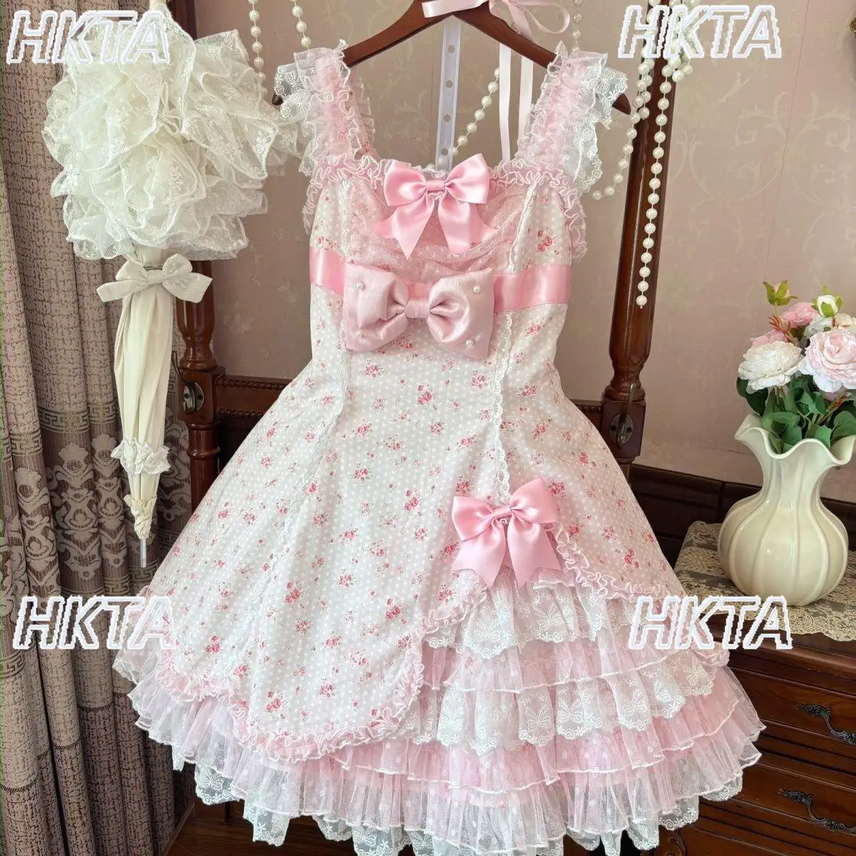 Japanese Cute Sweet Banquet Birthday Party Lolita Dress Girls Kawaii Lace Bow Print Square Collar Suspender Princess Dress Women