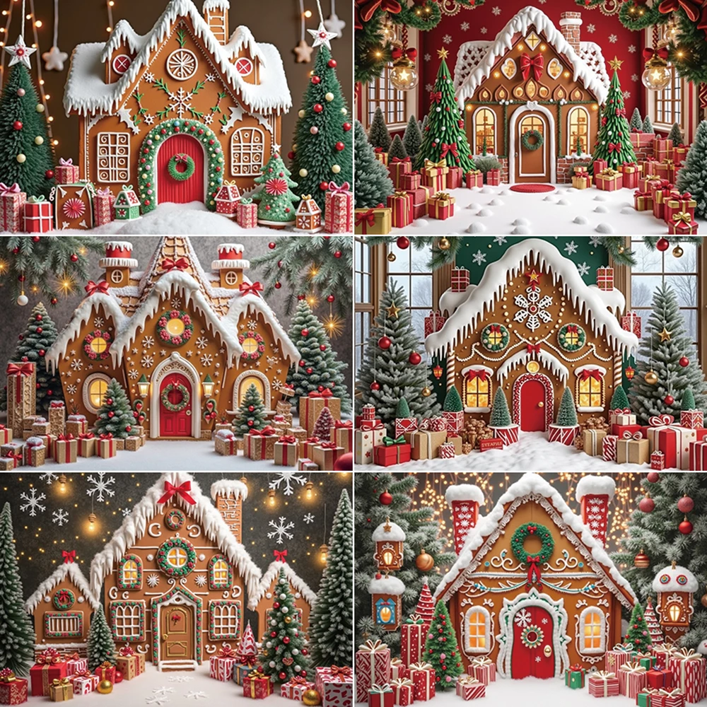 

MOON.QG Children Gingerbread House Large Pine Balls Trees Backdrop Christmas New Year Background Photography Photo Shoot Props