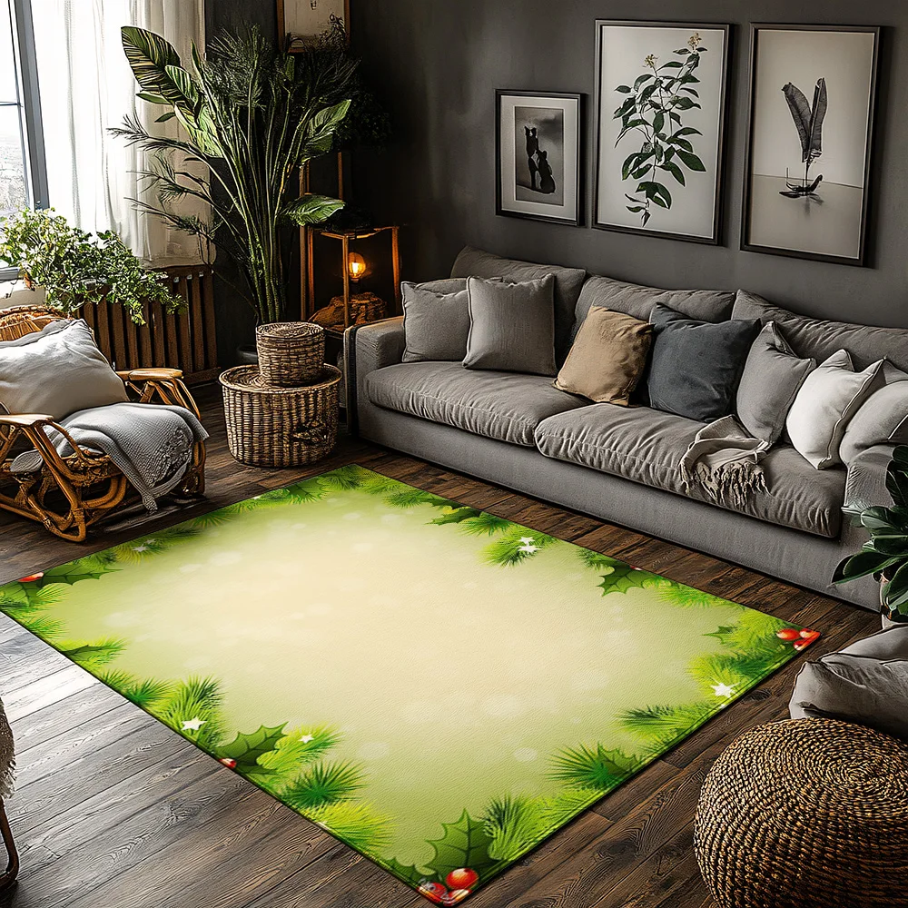 

Рождественский коврик из соснового леса, ковер с зеленой красной ягодкой для гостиной, плюшевый нескользящий коврик для дивана с праздничным звездным декором