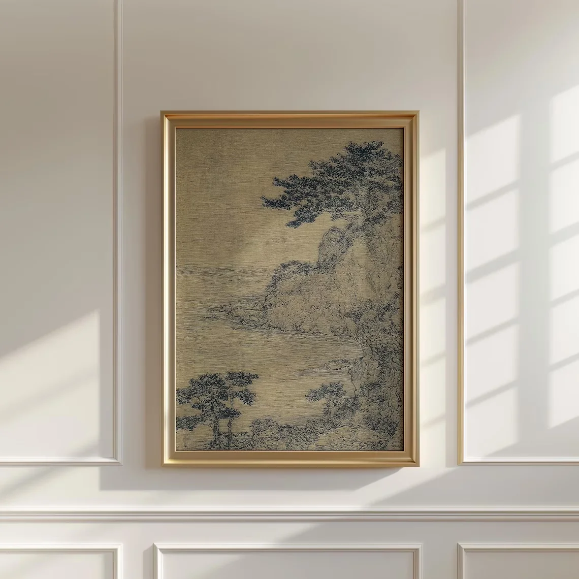 Vintage Japanese Sketch Print, Antique Nature Landscape Poster, Minimalist Coastal Poster, Moody Wall Art, Rustic Farmhouse Deco