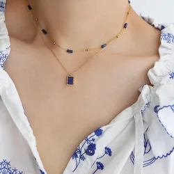 Exquisite Stainless Steel Natural Lapis Lazuli Geometric Pendant Necklace for Women Waterproof Metal Statement Fashion Jewelry