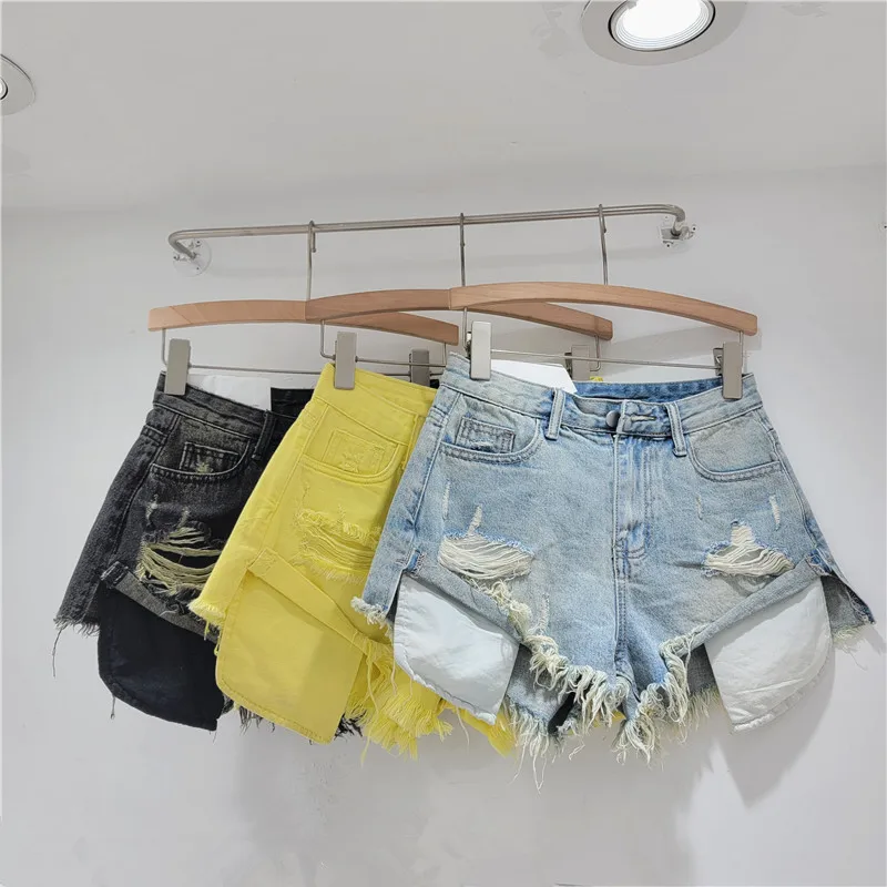 

Women's Summer Ripped Denim Shorts American Fashion Simple Summer High Waist Spicy Girls Distressed A-line Hot Jeans