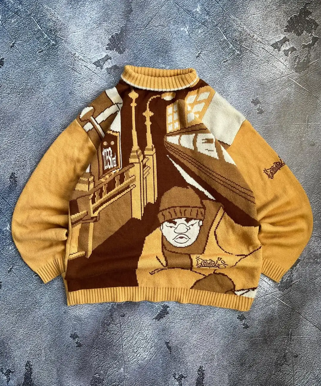 

New Autumn And Winter Y2K High Street Pullover American Retro Casual 3D Digital Print High Round Neck Knit Long-sleeved Sweater