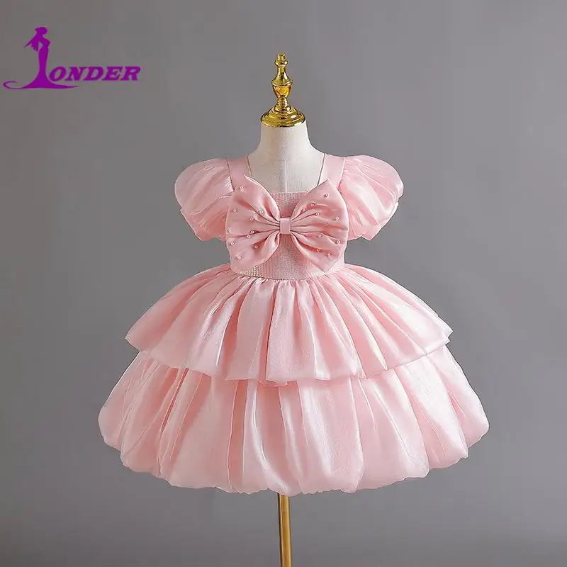 sonder-小さな女の子のためのカラフルなオーガンザドレス弓付きボールガウンラウンドネック花柄シンプル