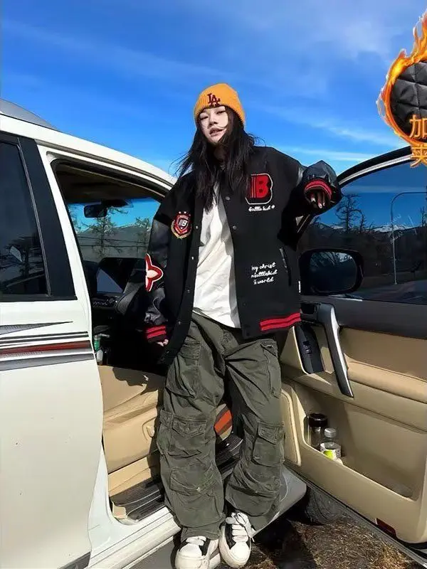 

American Sle Heavyweight Loose Couple Jaets Men Women 2025 Patchwork Leather Color Colion Baseball Clothes Cotton Thic...