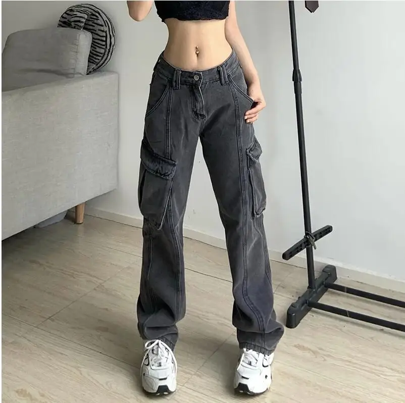 Women Y2k Cargo Jeans 2025 Autumn Big Pockets Vintage Cyber Jeans Hippie Trousers Baggy Pants Chic Straight Emo Bottoms BF