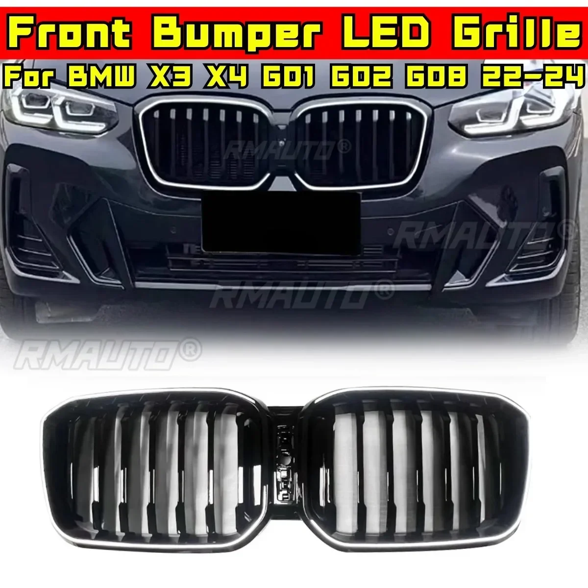 

Светодиодный Решетка для бампера для BMW X3, X4, X3M, X4M, G01, G02, G08 2022-2024, комплект передней решетки радиатора для гоночного автомобиля, передняя зеркальная решетка, автомобильные аксессуары