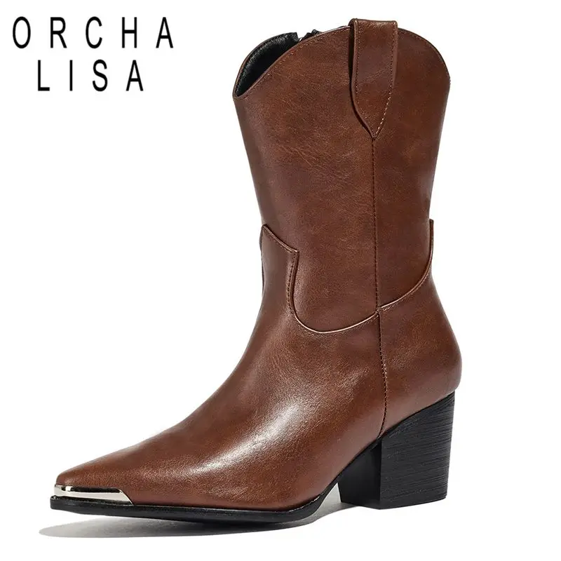 

ORCHA LISA 2025 Новые роскошные женские сапоги до середины икры с острым носком на блочном каблуке 6 см на молнии, большой размер 41 42 43 Leisure Vintage Daily Bota