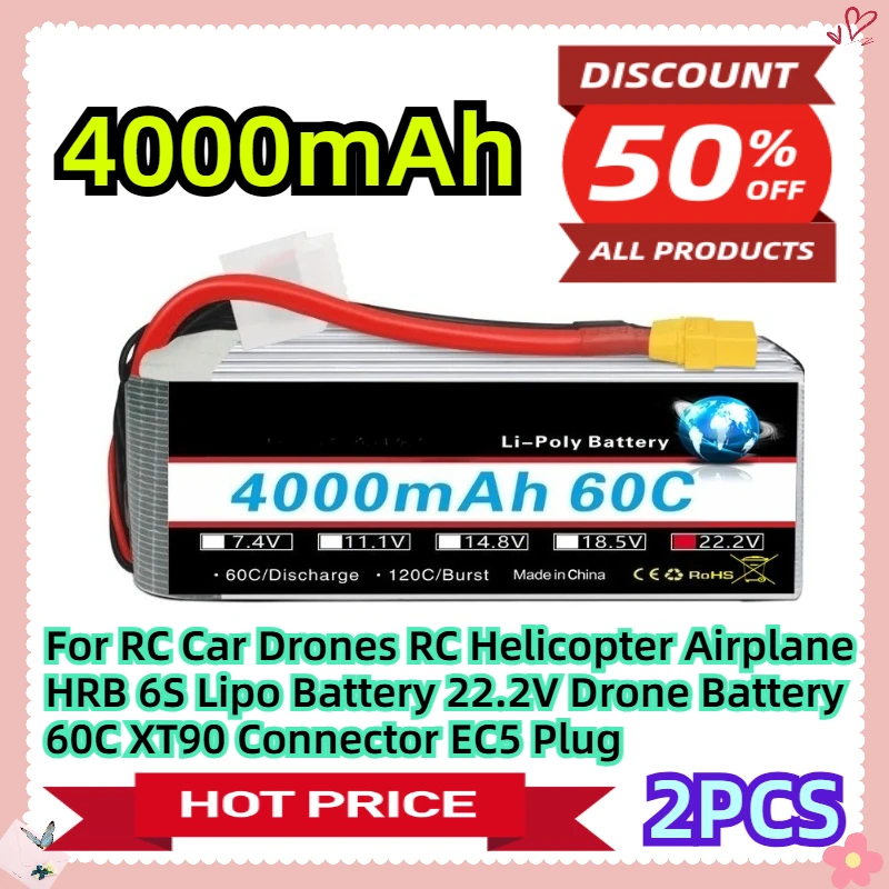

For RC Car Drones RC Helicopter Airplane HRB 6S Lipo Battery 22.2V 4000mah Drone Battery 60C XT90 Connector EC5 Plug