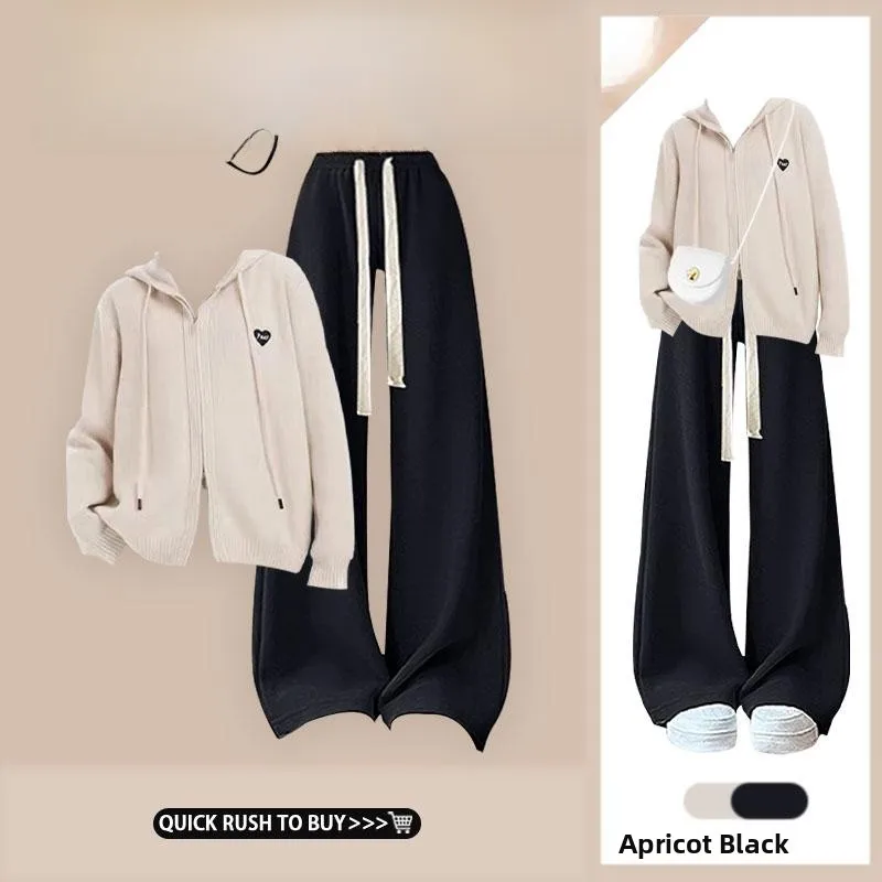 

Korean Sle Knitted Cardigan Women's High Waist Casual Autumn Winter New Hat Sweater Outerwear Wide Leg Pants Set