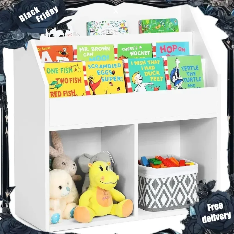 Kids Bookshelf, Wooden Toy Storage Cabinet Organizer with Shelves & 2 Large Cubes, 2-in-1 Children Bookcase Display Sling