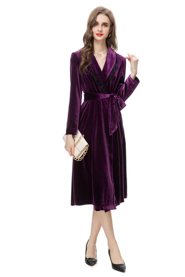 Women's Runway Dresses Turn Down Collar Long Sleeves Tassels Lace Up Velvet A Line Fashion High Street Designer Mid Vestidos