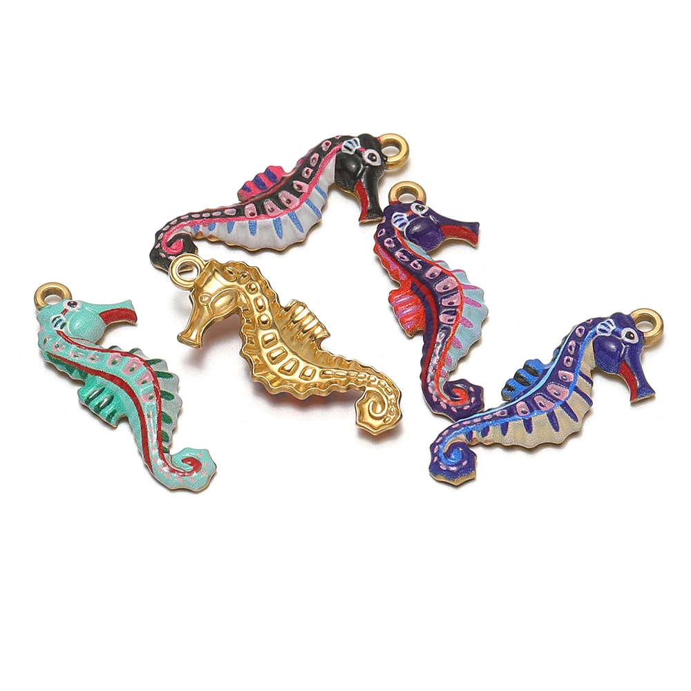 4pcs Stainless Steel Enamel Sea Horse Charms for DIY Jewelry Findings Girls Necklace Pendants Children Bracelet Earrings Making