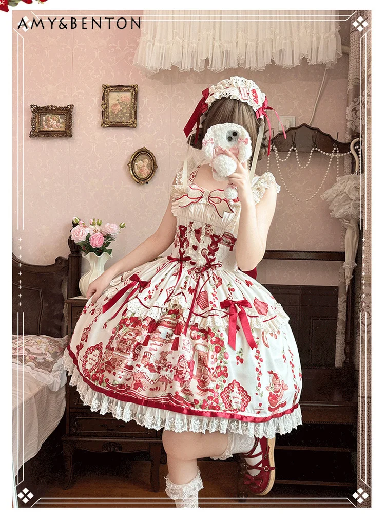 Abito da principessa stile ragazza dolce e carino quotidiano da donna originale Lolita Abiti da sera da fata Abito tutu sottile stampato con cartoni animati Kawaii
