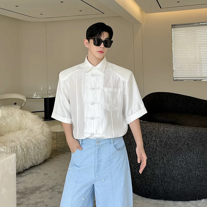 

Loose Fit ort Sve Chinese Sle irt Men's Comfortable Vintage Button up Top oulder Padded Outerwear Jaet