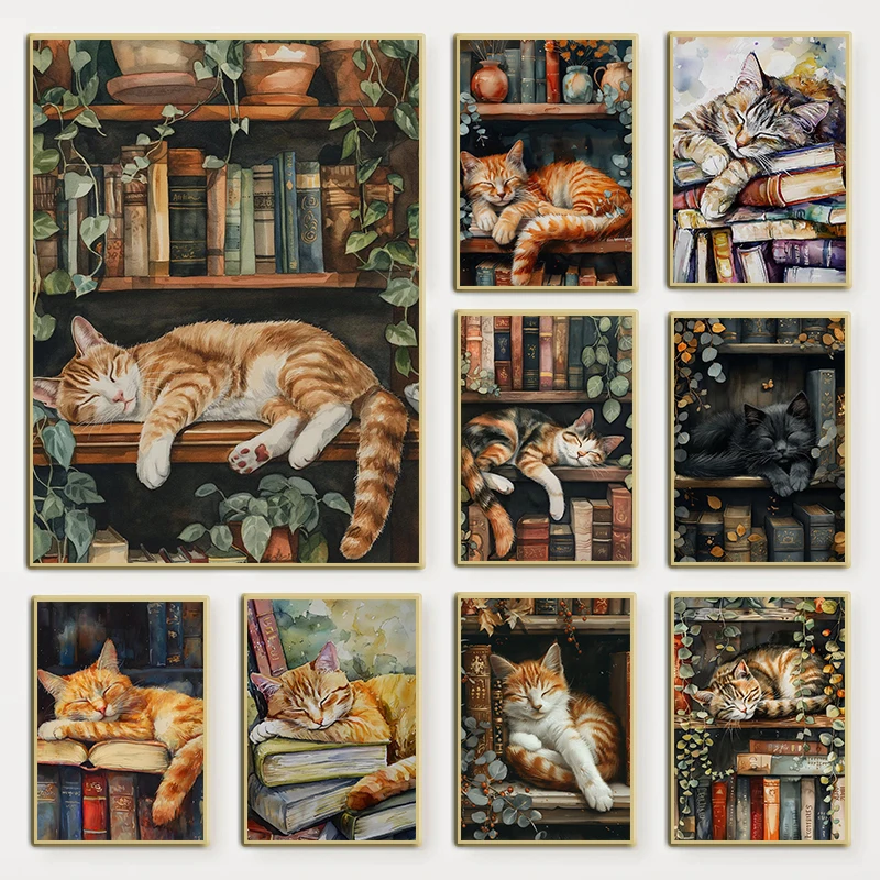 2026 Cute Cat and Book Poster Victorian Moody Bookish Stack Books Canvas Painting Wall Art for Dark Academia Library Home Decor
