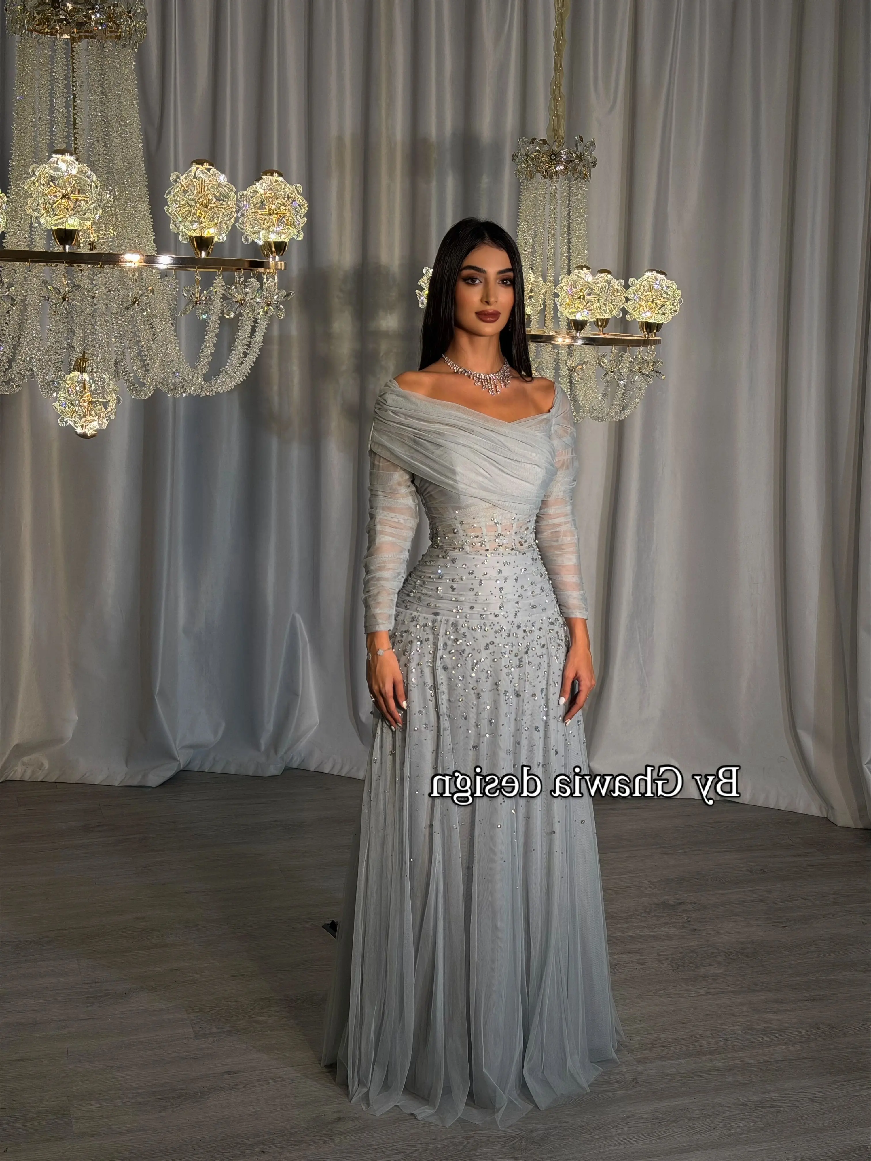 Customized Simple Black Boat Neck Tulle Evening Dresses Full Sleeves With Crystal Party Dresses A-line Floor Length Prom Dress