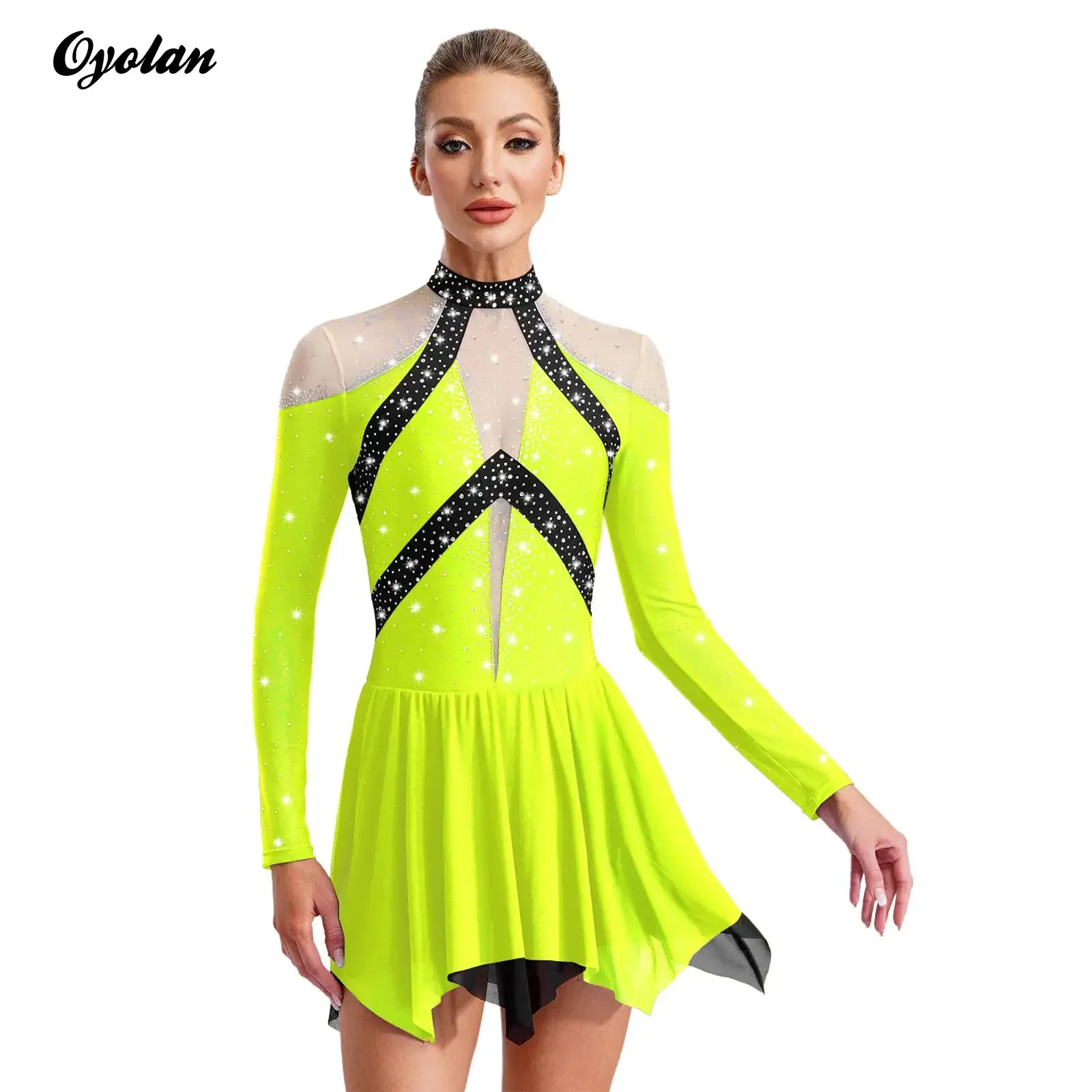 Womens Sparkling Rhinestones Gymnastics Artistic Figure Skating Dress Costume Sheer Mesh Ballet Lyrical Dance Dresses Dancewear